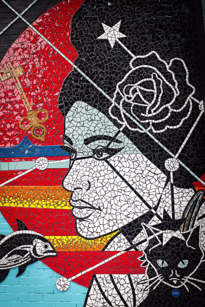 Mosaic mural of a womans profile, a rose in her hair, a cat, a fish, scissors, and starry geometric lines against a colorful, abstract background.